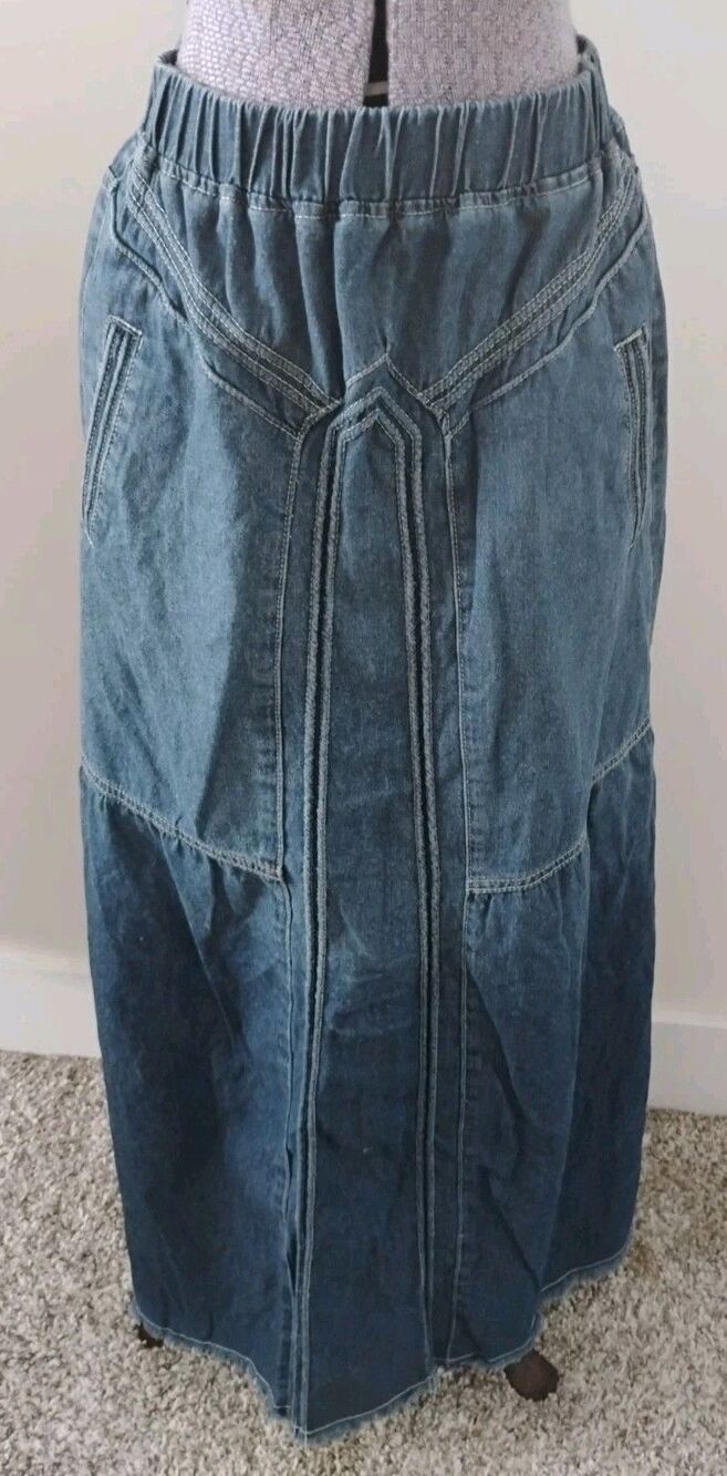 Denim Maxi Skirt Women's A Line Y2K Boho Western Frayed Hem Sz S VGC